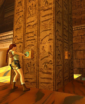 Lara Croft placing the Scarab artifact in the Obelisk of Khamoon