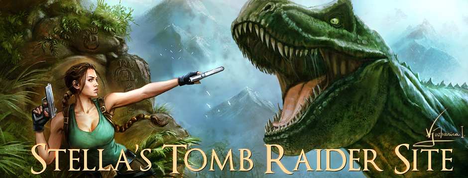 Stella's Tomb Raider Site title banner shows classic Lara Croft confronting a snarling Tyrannosaurus rex. Art by Inna Vjuzhanina.